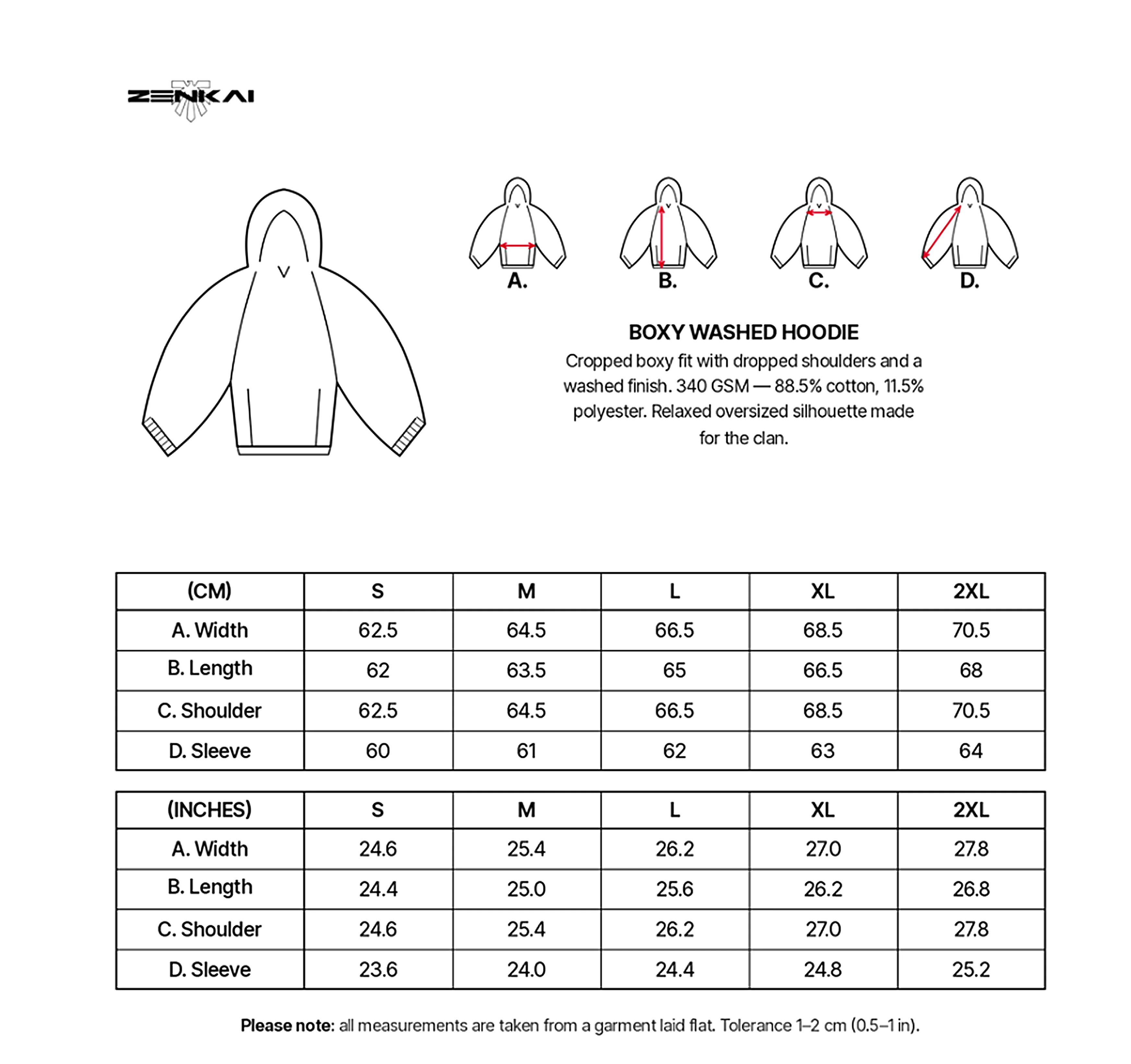 Boxy Washed Hoodie size guide with measurements in centimeters and inches