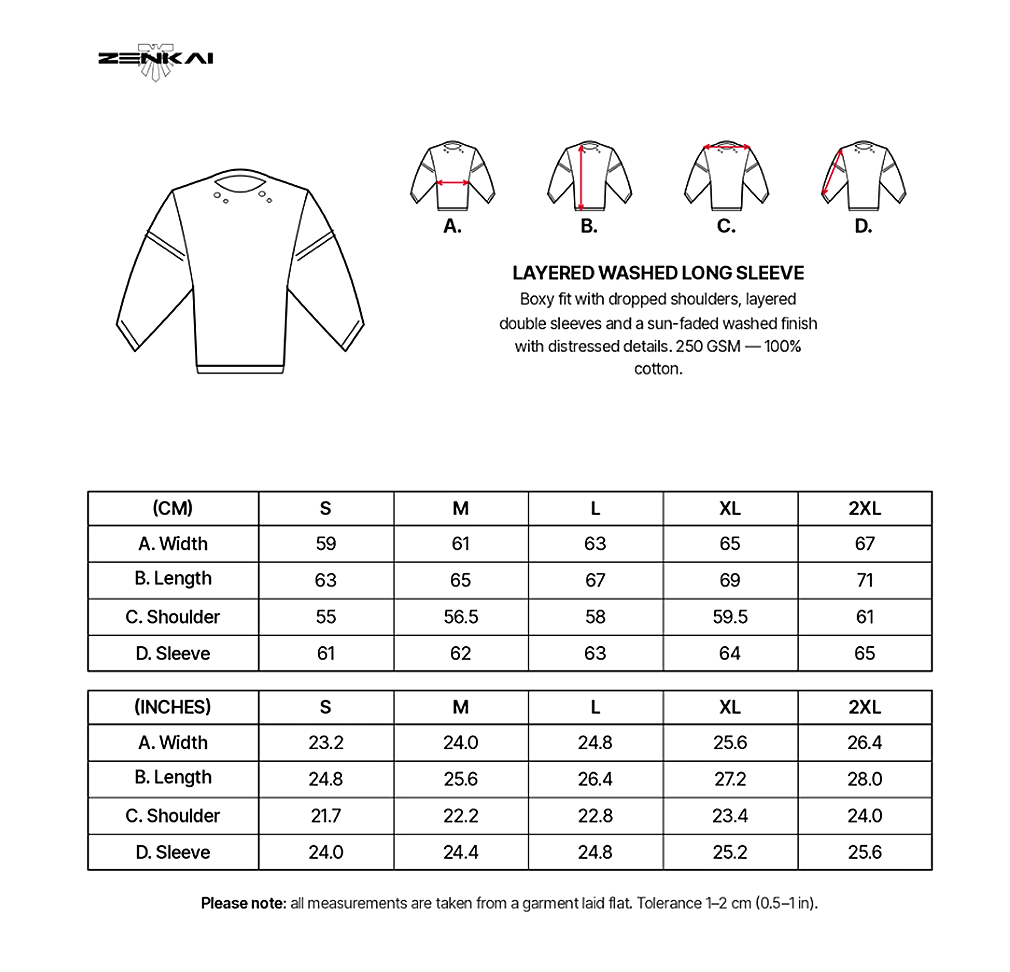 Layered Washed Long Sleeve size guide with measurements in centimeters and inches