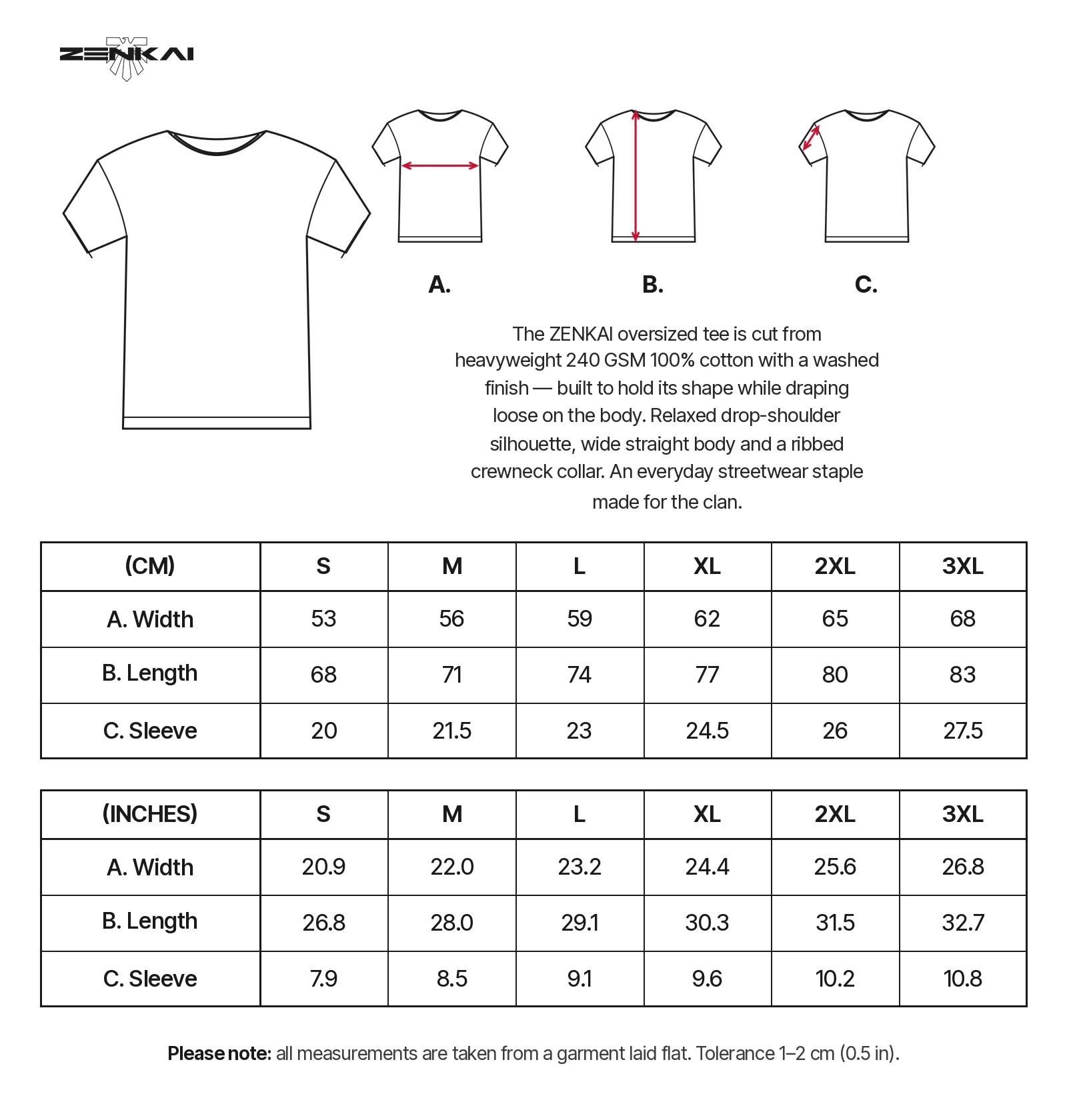 ZENKAI oversized T-shirt size guide showing width, length and sleeve measurements for sizes S to 3XL in centimeters and inches